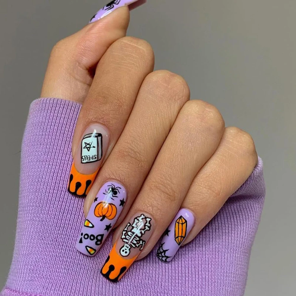 Purple Long coffin pumpkin design long french tip nails