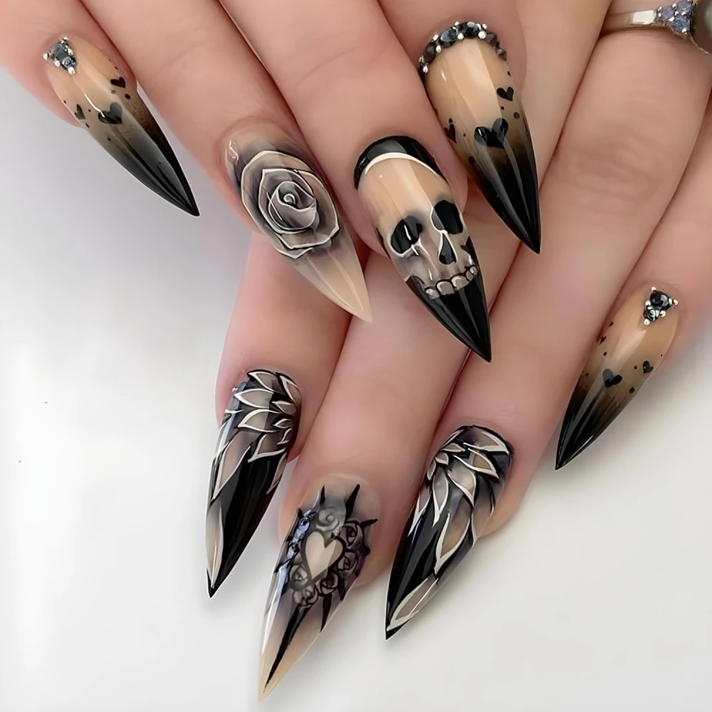 Almond Black and Gold Skull Nails