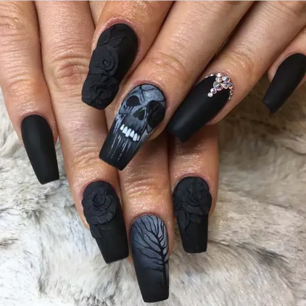 Black rose skull face Coffin's nails 