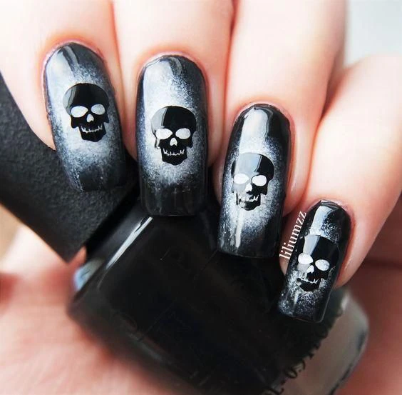 Black Skull white ombre Halloween Manicure