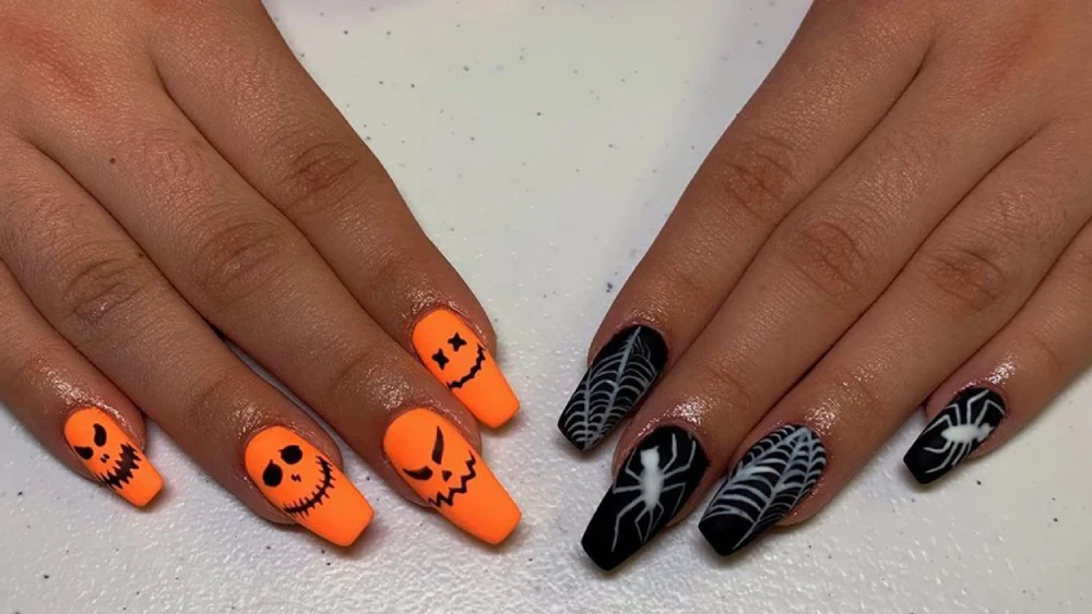 Pumpkin Orange jack face, black and white spider coffin Halloween design Fingernails