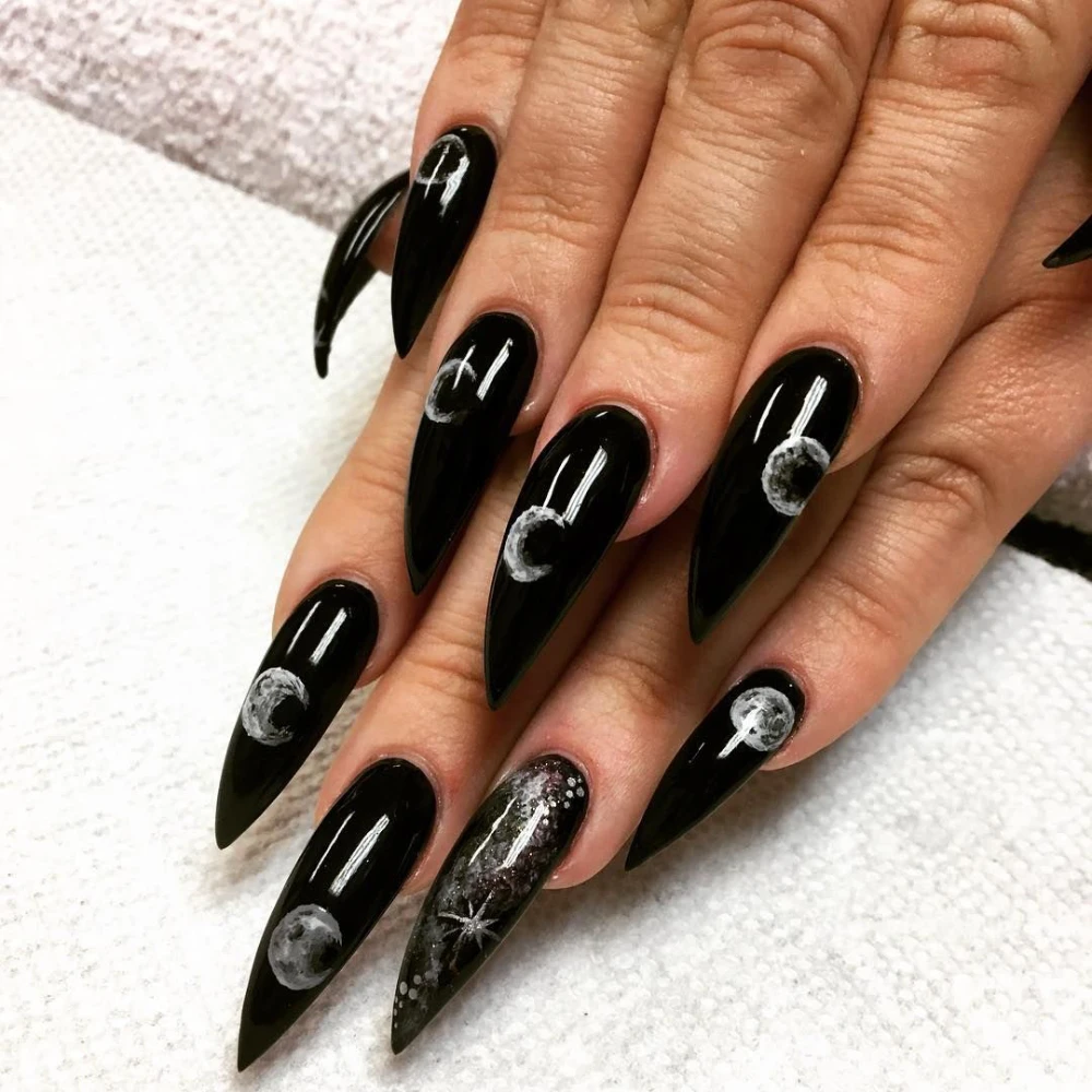 Pointed Shiny black moon star witch nails