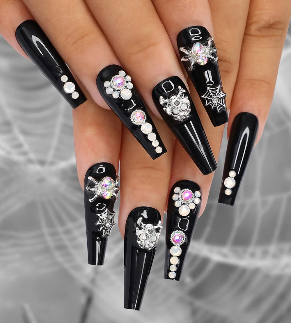 Black Nails With 3D Spider Web Rhinestones Designs