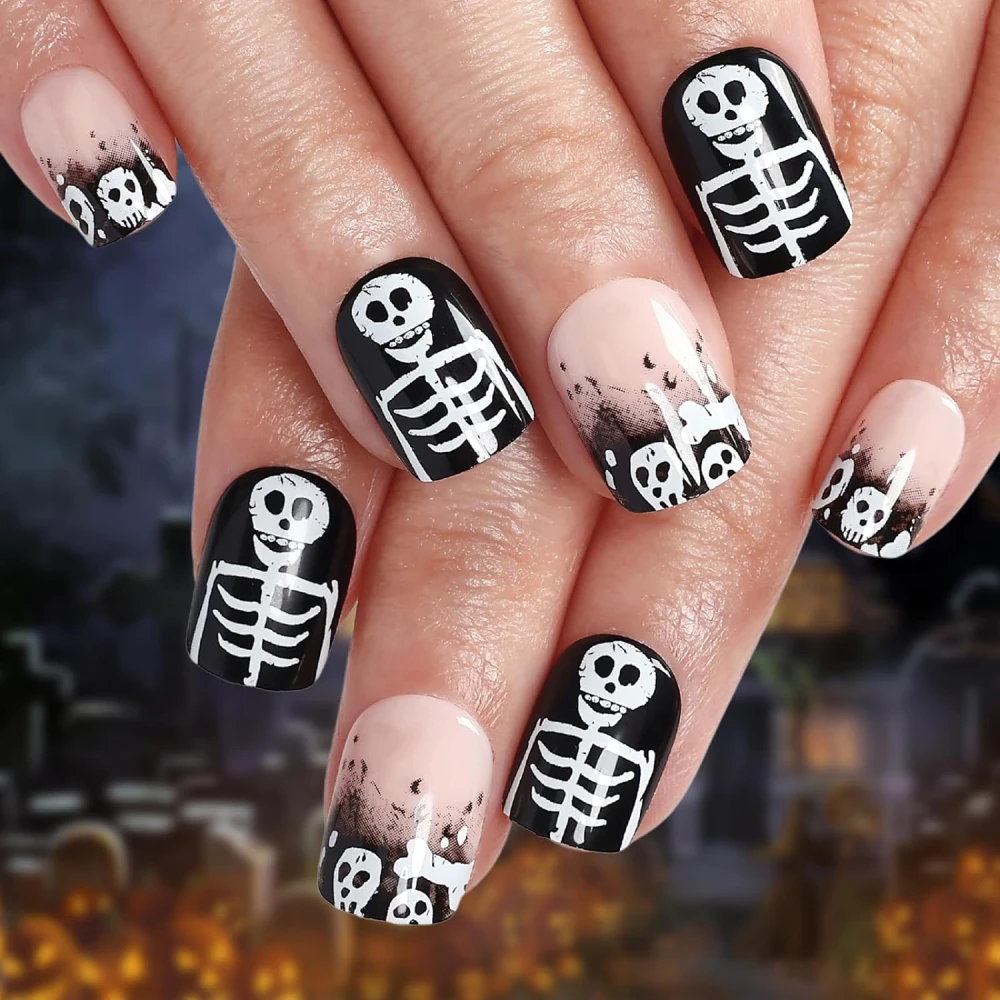 Black Short Acrylic White Skeleton Design Nails