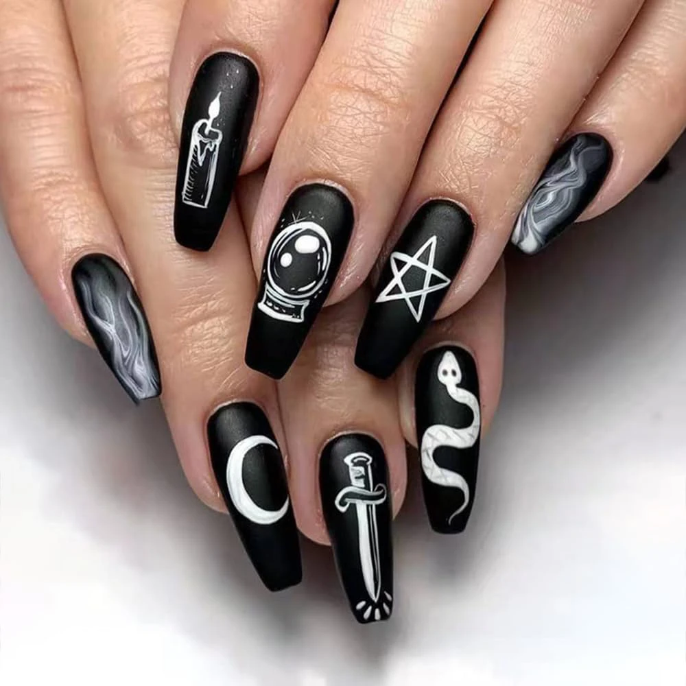 Coffin Acrylic Nails Moon Snake Star Design Glue On Nails