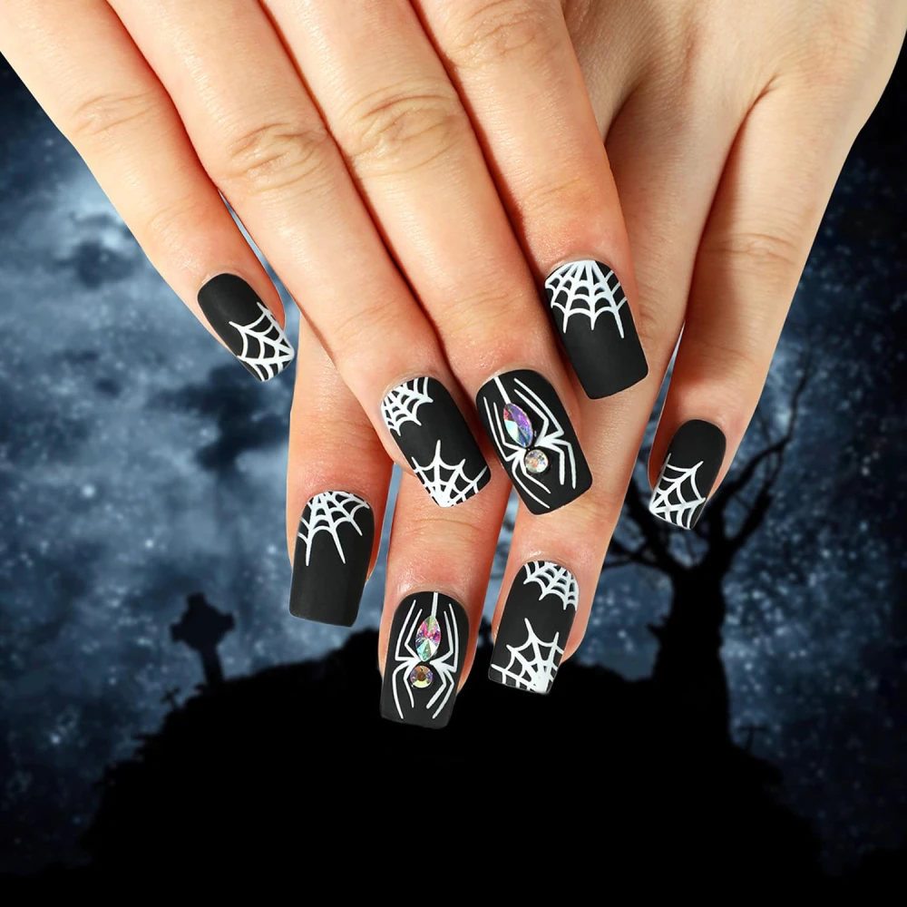 Rhinestones White Spider Black Halloween Manicure