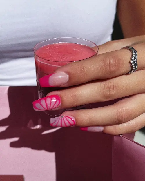 Cute Nude and Hot Pink Coffin Manicure