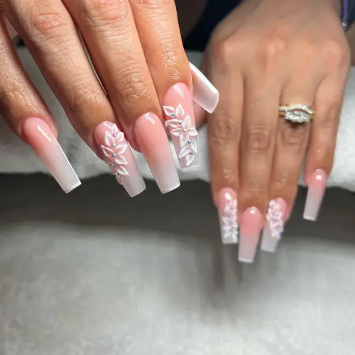 Ombre Nude White Floral Pink Coffin Manicure