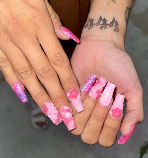 Pink Coffin manicure with floral Summer look - Bright/ Light Pink Coffin nails