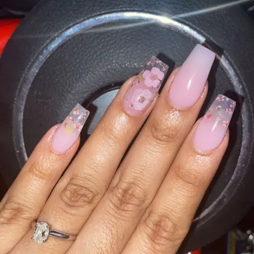 Long Baby pink nails with silver glitter - Short floral pink Manicure