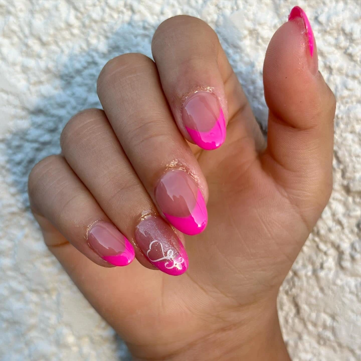 Pink French Tip Short White Heart Oval Design