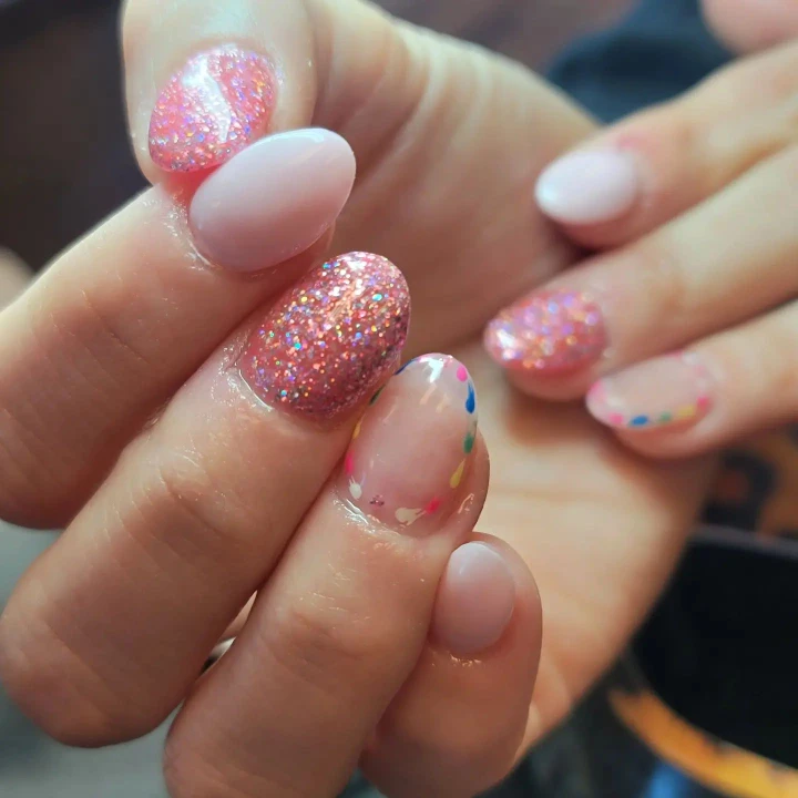 Short Glitter Colorful Oval Manicure Design