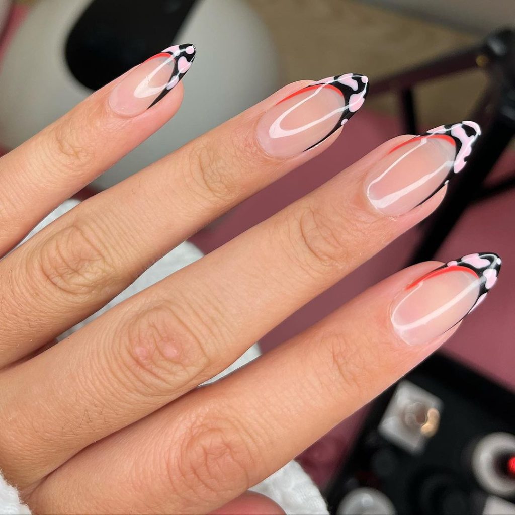 pink and black nails tips, cute short french tips, pink and black french tips