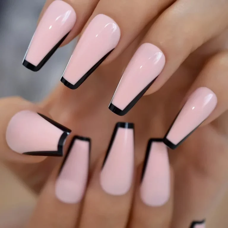 baby pink nails with black l tip, french tip l shape design coffin nails, pink and black coffin nails, light pink nail with black french tip.