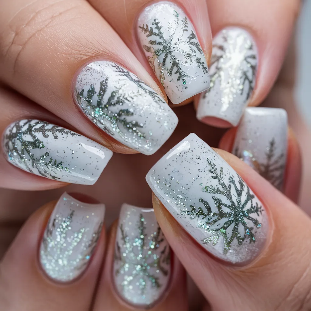 White and Silver Snowflake Nails with Design