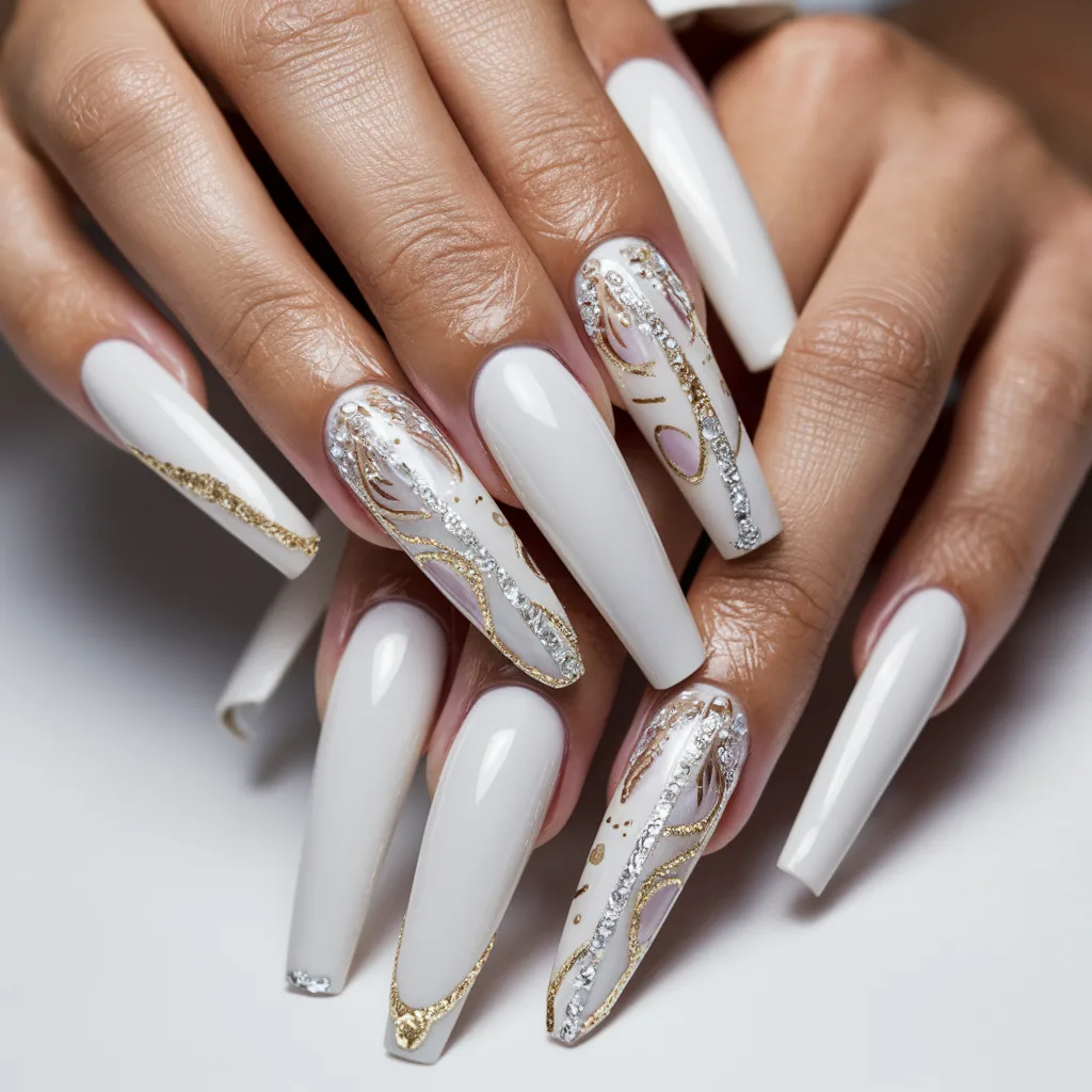 Gold and Silver Nails with White Nails polish