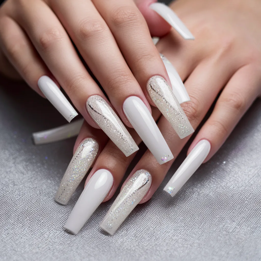 White Nails Design with Black and Silver Patterns