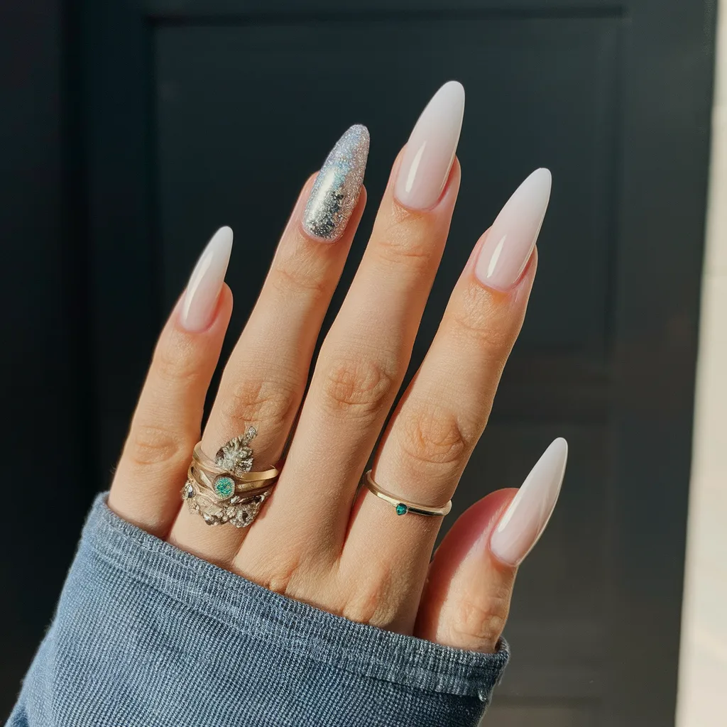 Silver Coffin Shape White Elegant Nails