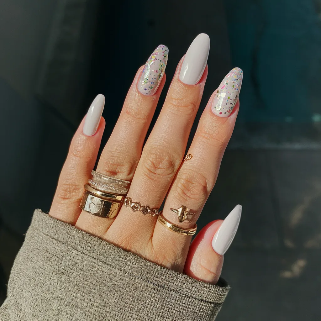 Long Dotted Design White Nails 