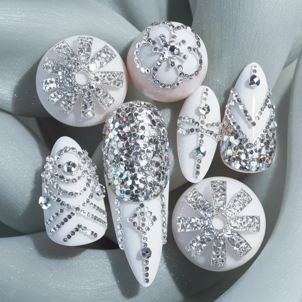 Gorgeous silver design on white nails Showcasing different design styles with Diamond Decals 