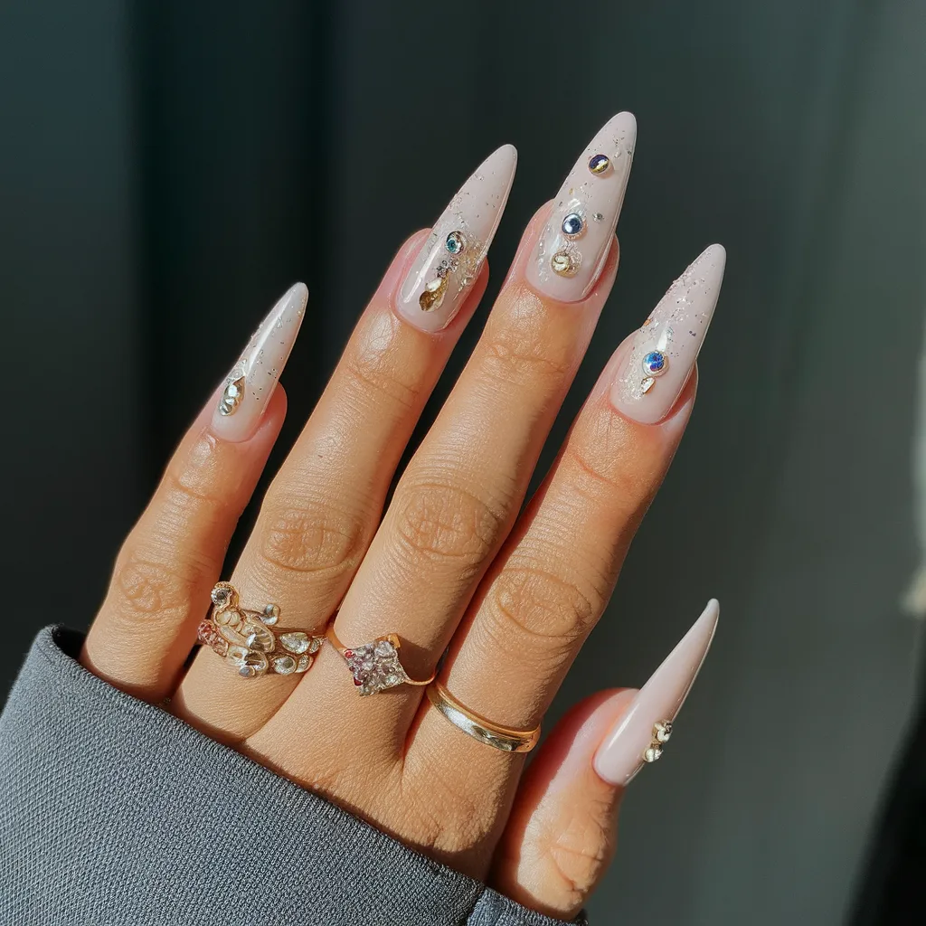 Long Oval Nails Design with Rhinestones 