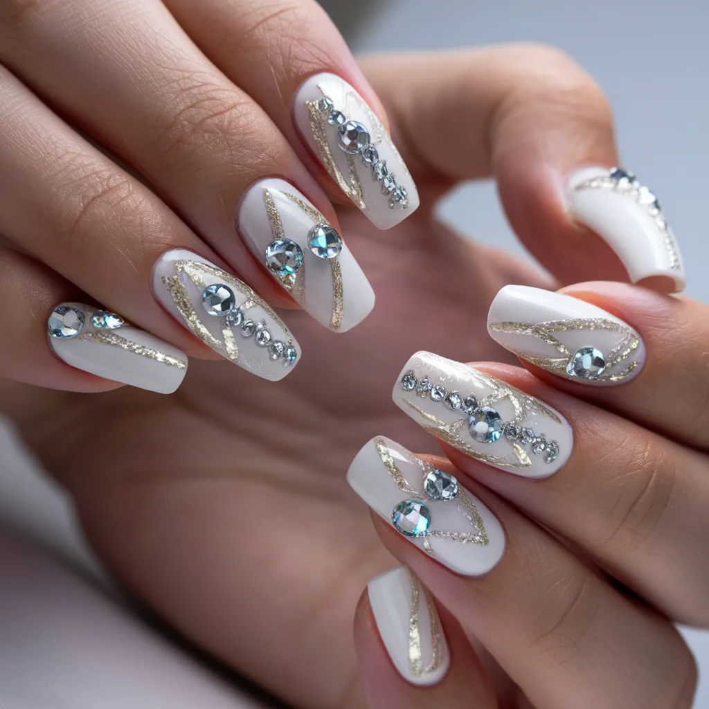 Diamond Rhinestone Gold White Nail Design with Decal