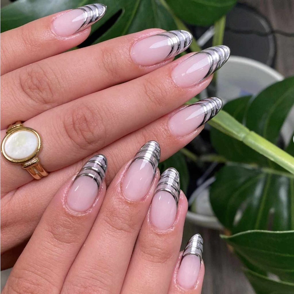 Duo-Chrome Tips French design oval shape cute nude nails