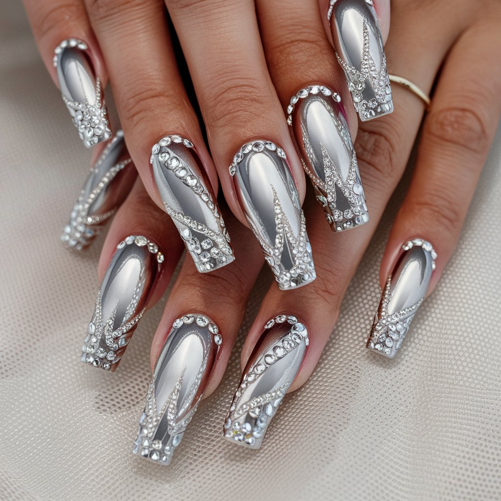 French Chrome Tips with Rhinestones